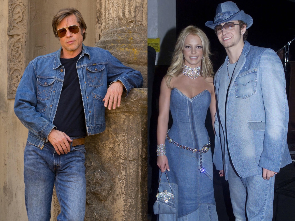 Collage of two images of men wearing double denim