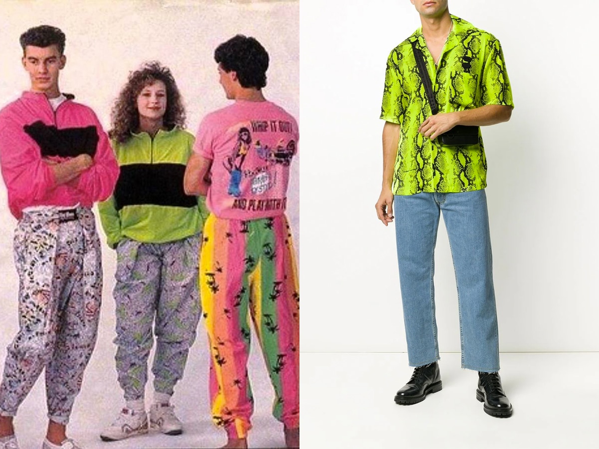 Collage of two images of people wearing neon coloured and patterned clothes
