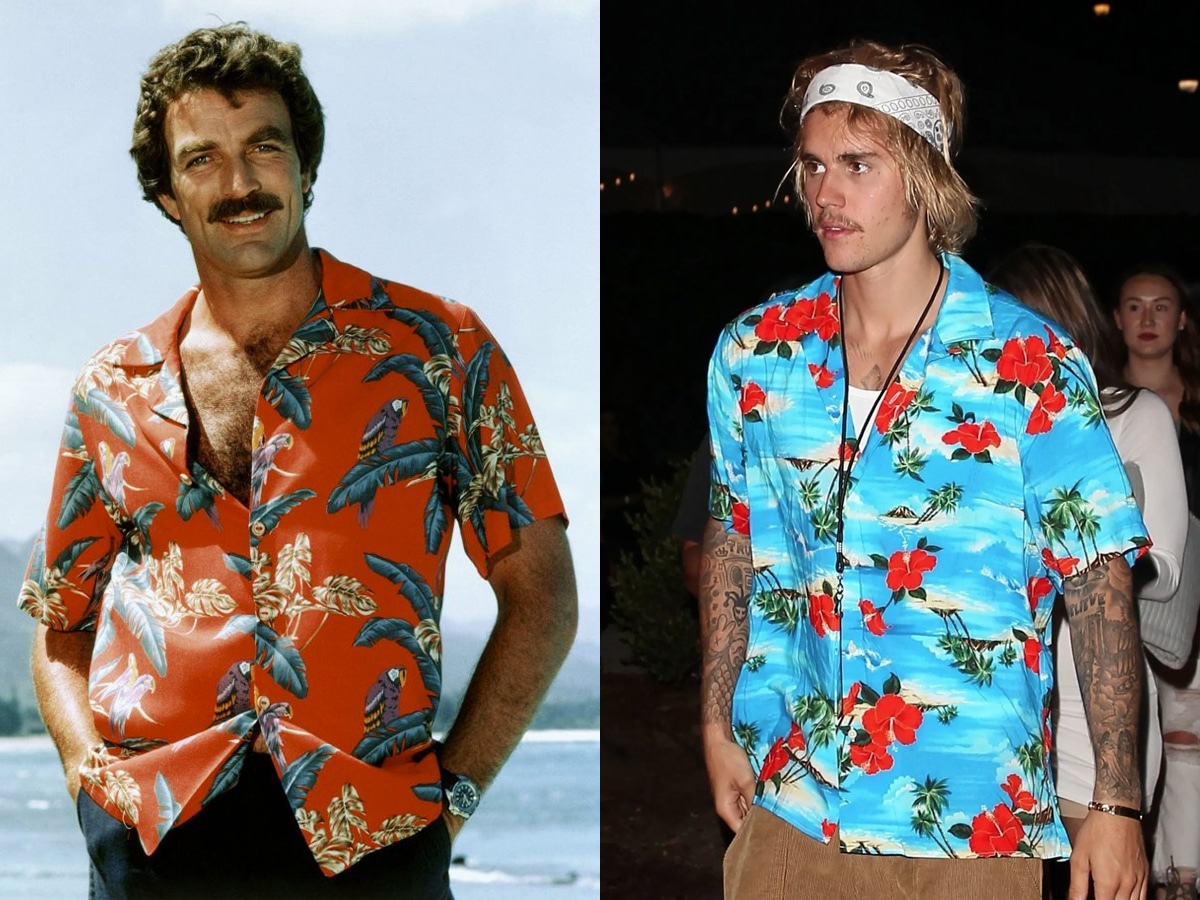 Collage of two images of men wearing Hawaiian shirts and moustaches