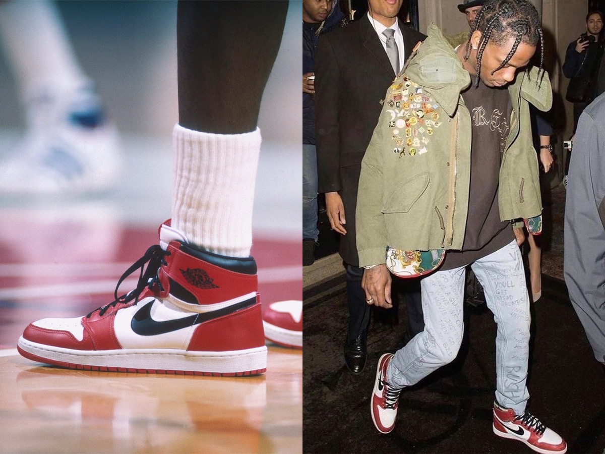 Collage of two images: close up of high-top sneaker and a man wearing a high-top sneaker