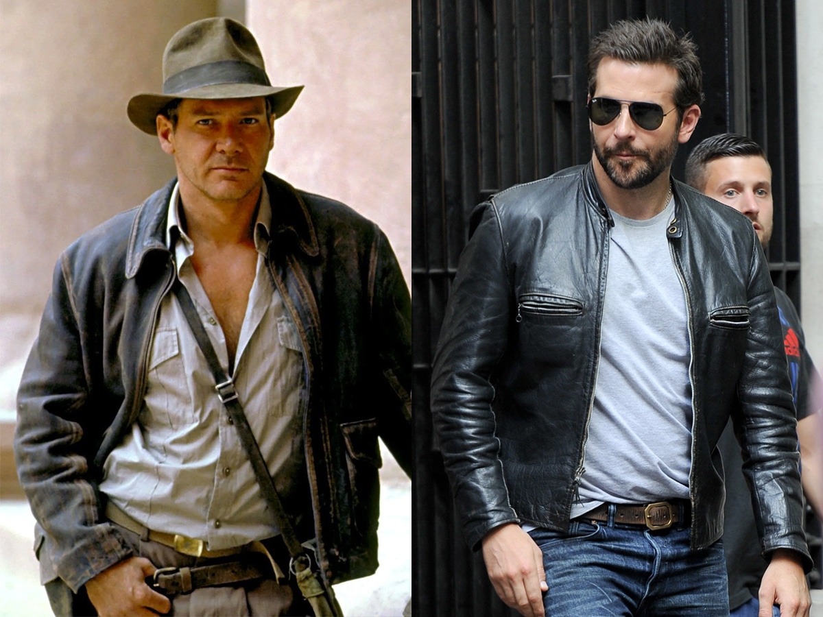 Collage of two images of men wearing leather jackets