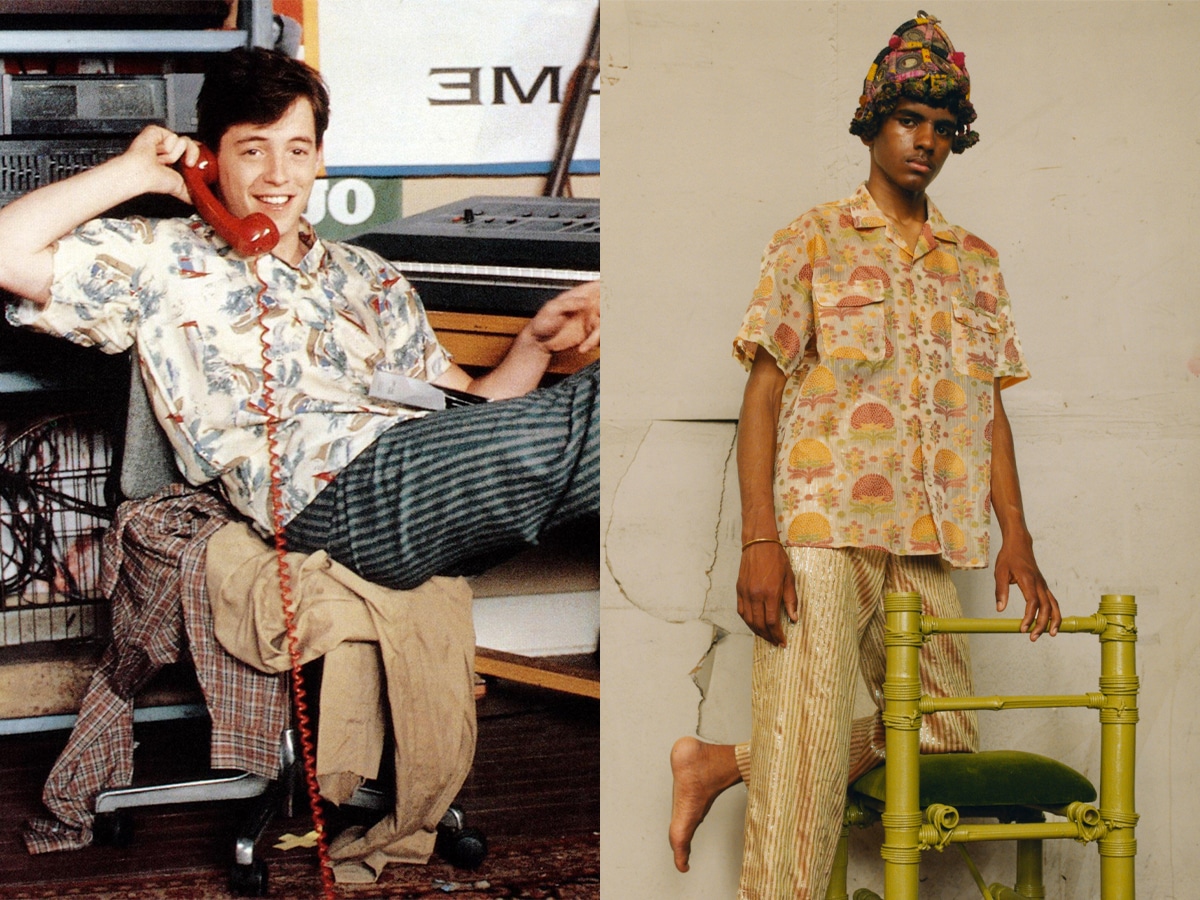 Collage of two images of men wearing oversized printed shirts