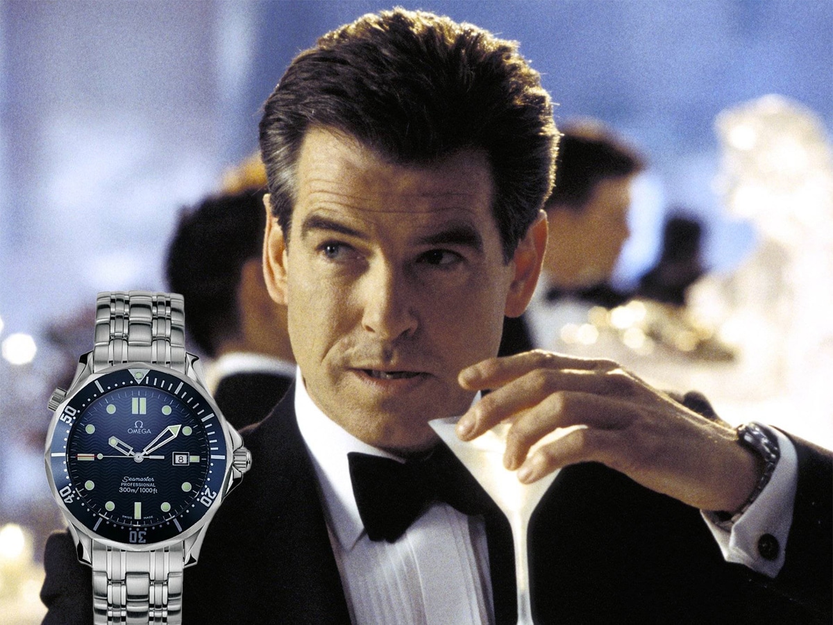 Edited image of Omega Seamaster Professional 300M Ref. 2541.80 on an image of Pierce Brosnan drinking