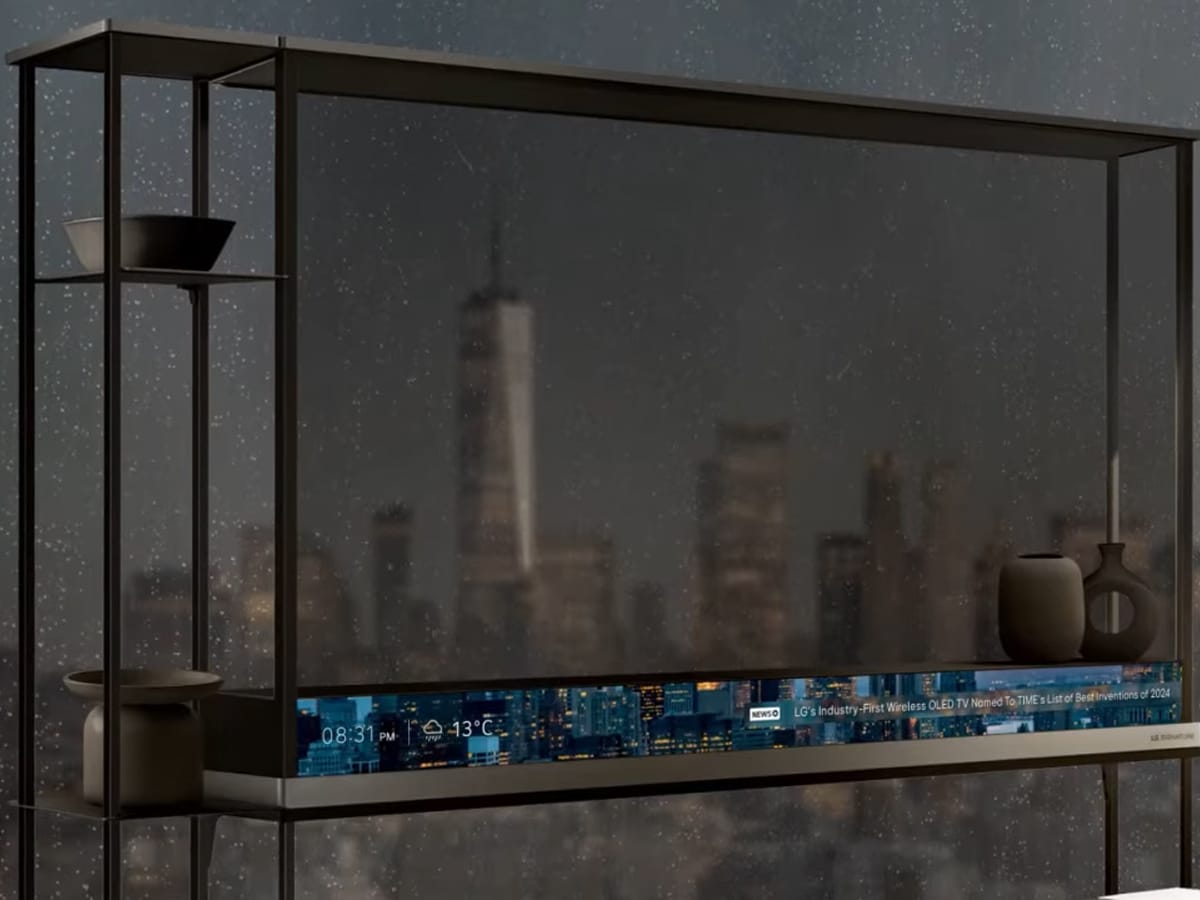The T-Bar is an information ticker at the bottom of the LG Signature OLED T Transparent TV | Image: LG Australia