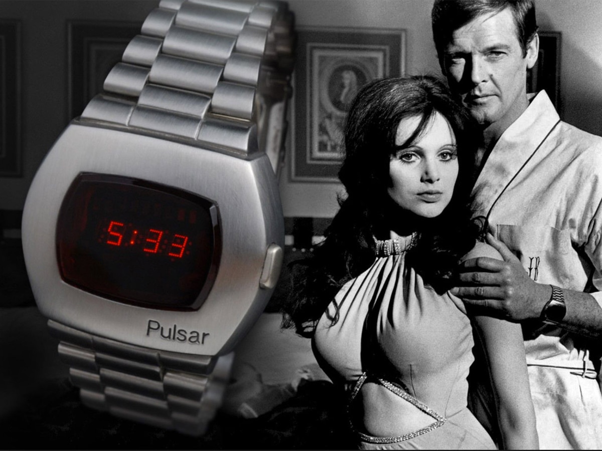 Edited image of Pulsar LED digital watch on a Roger Moore James Bond film image