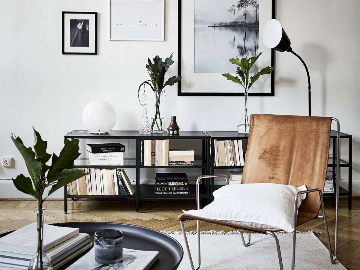 Masculine living room brown, black, and white colour scheme interior design