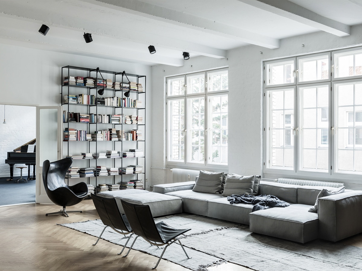 Masculine living room white, grey, and black colour scheme interior design