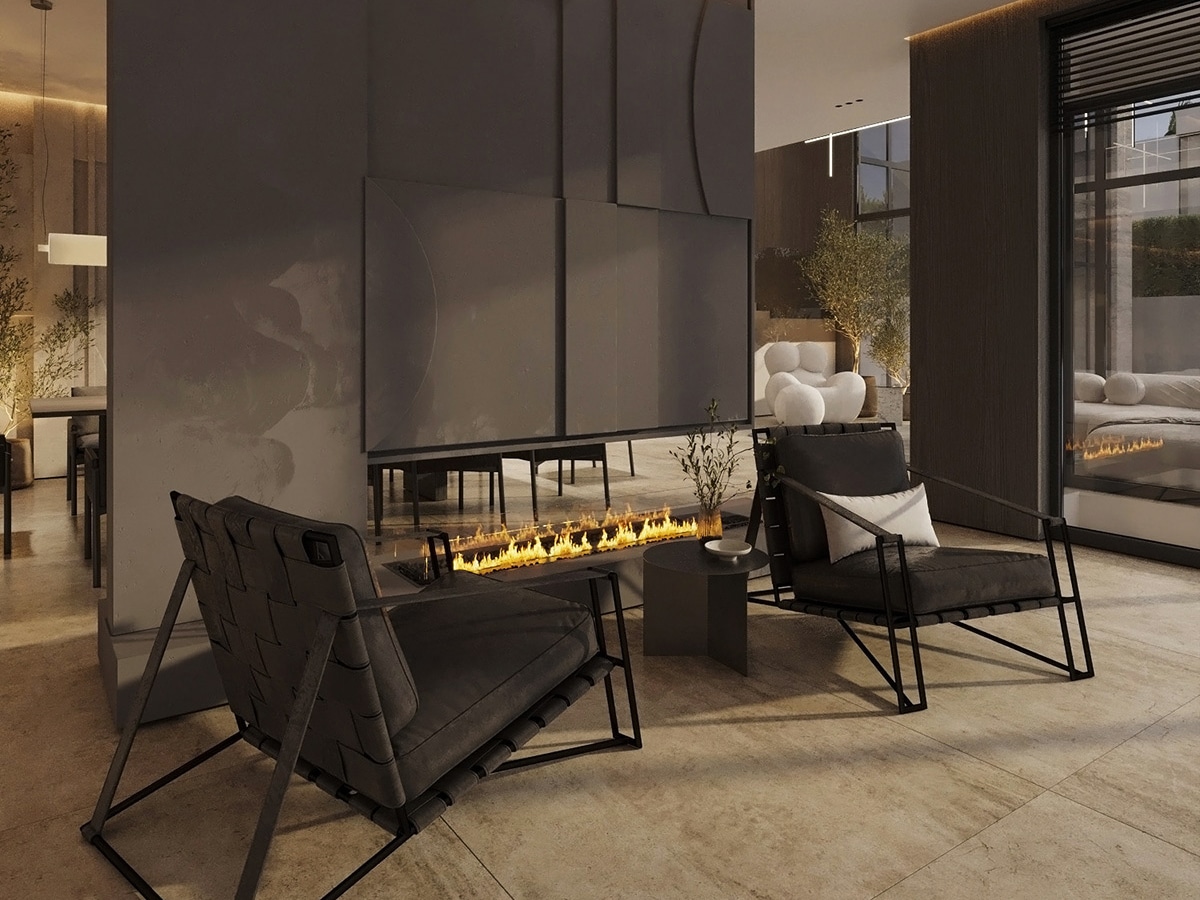 Masculine living room black and brown colour scheme interior design