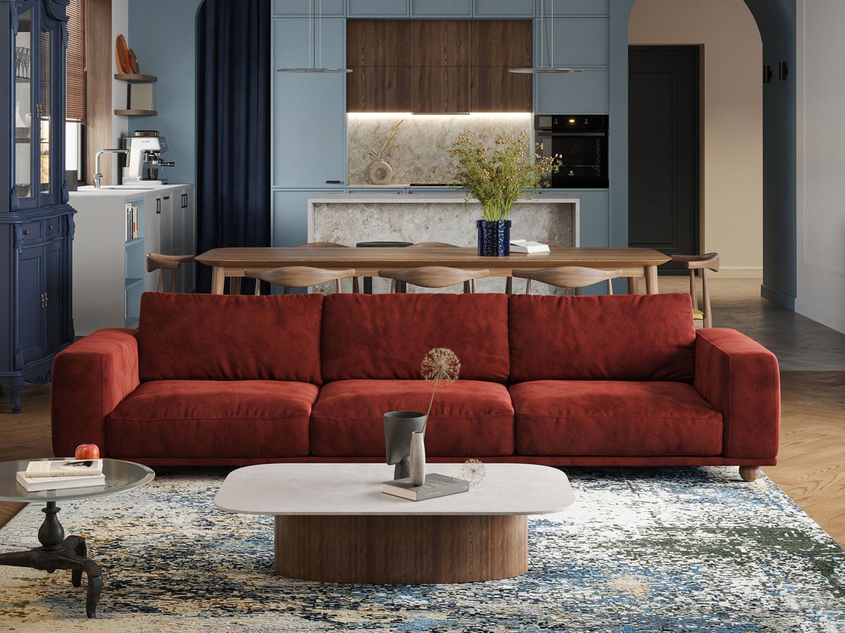 Masculine living room blue, grey, and red colour scheme interior design