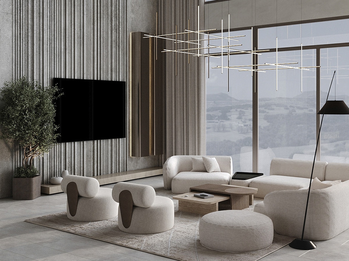 Masculine living room grey and white colour scheme interior design