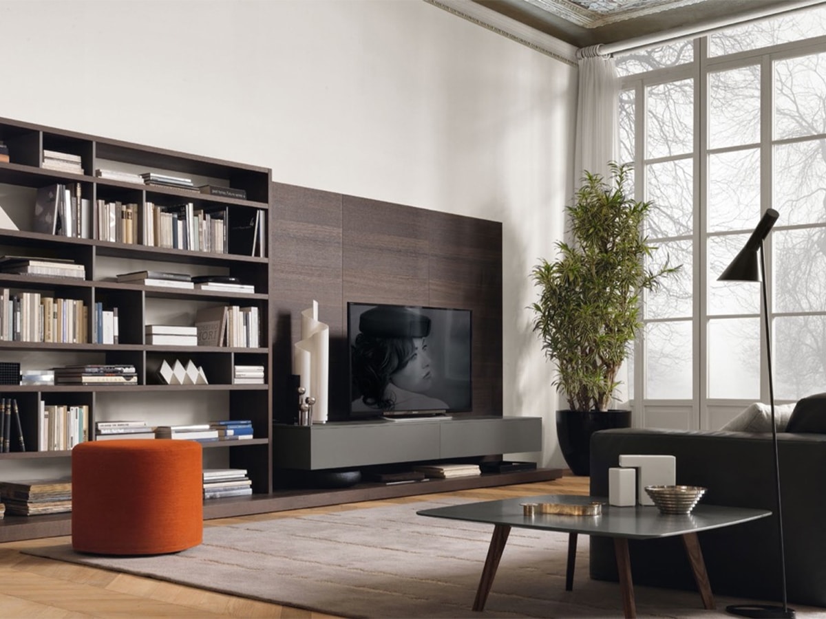 Masculine living room dark brown, black, and white colour scheme interior design