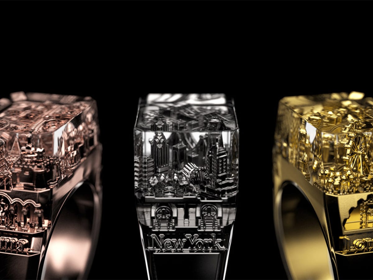 Rome, New York and London Teti city rings in copper, nickel and gold respectively