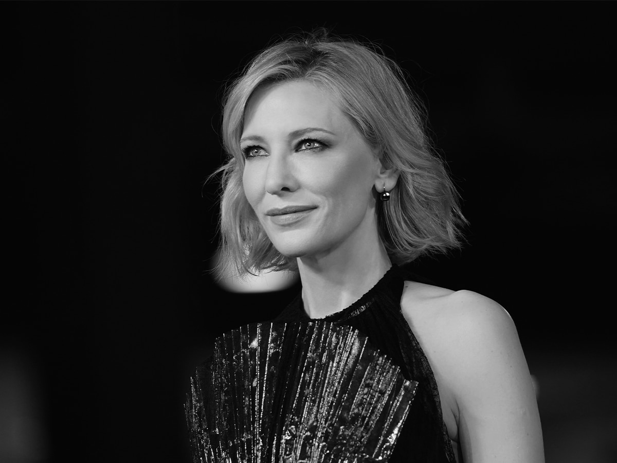 Greyscale medium shot of Cate Blanchett