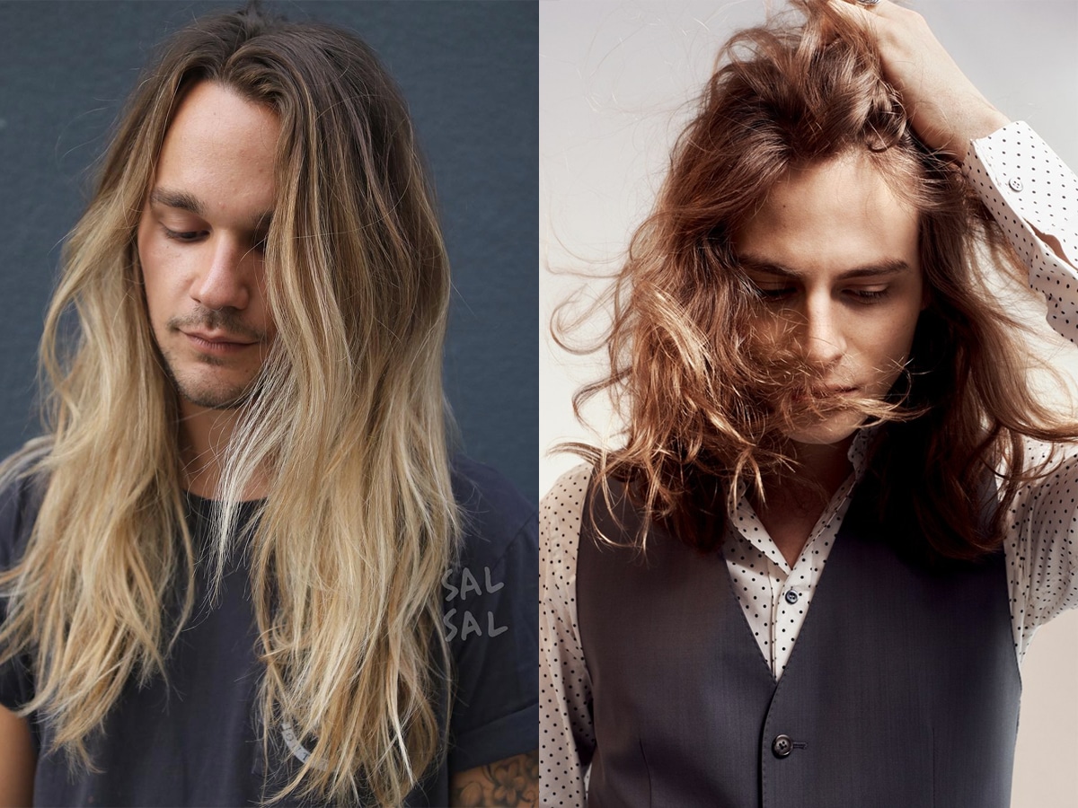Collage of two images of men with long wavy hair