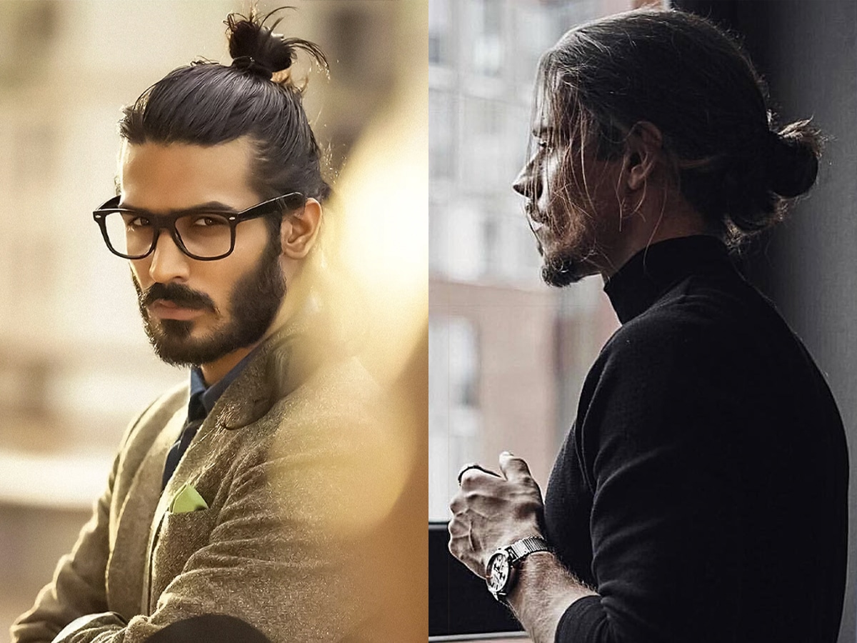 Collage of two images of men with a man-bun hairstyle