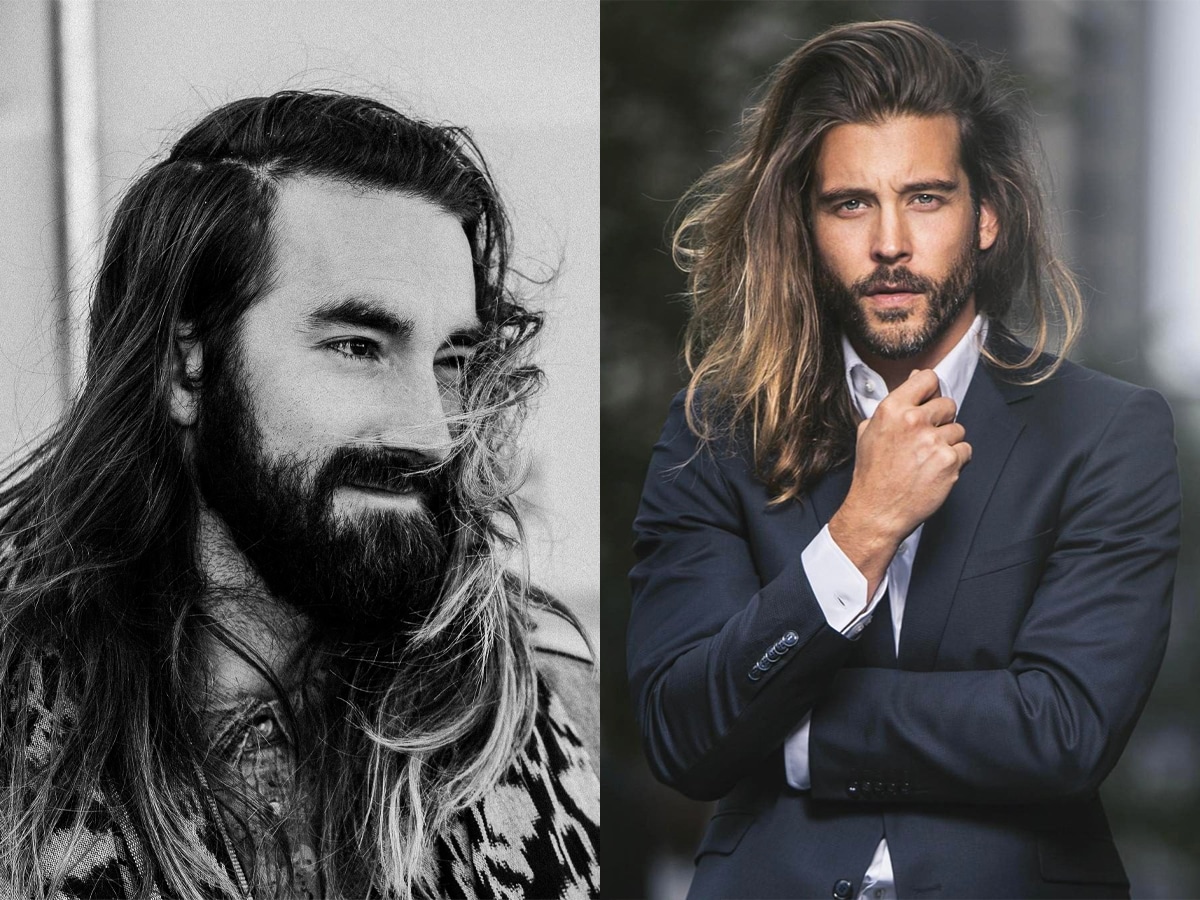 Collage of two images of men with a natural side part long hairstyle