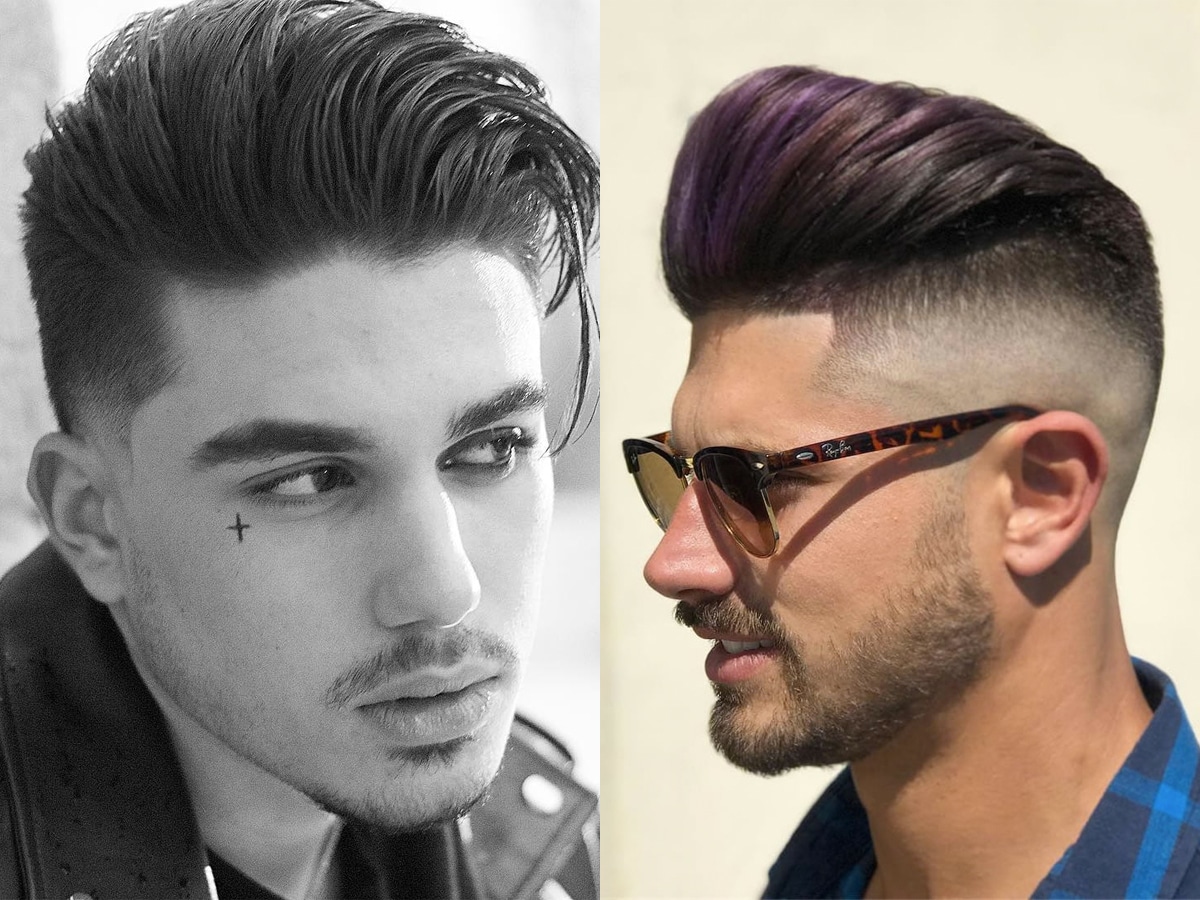 Collage of two images of men with slick back with fade hairstyle