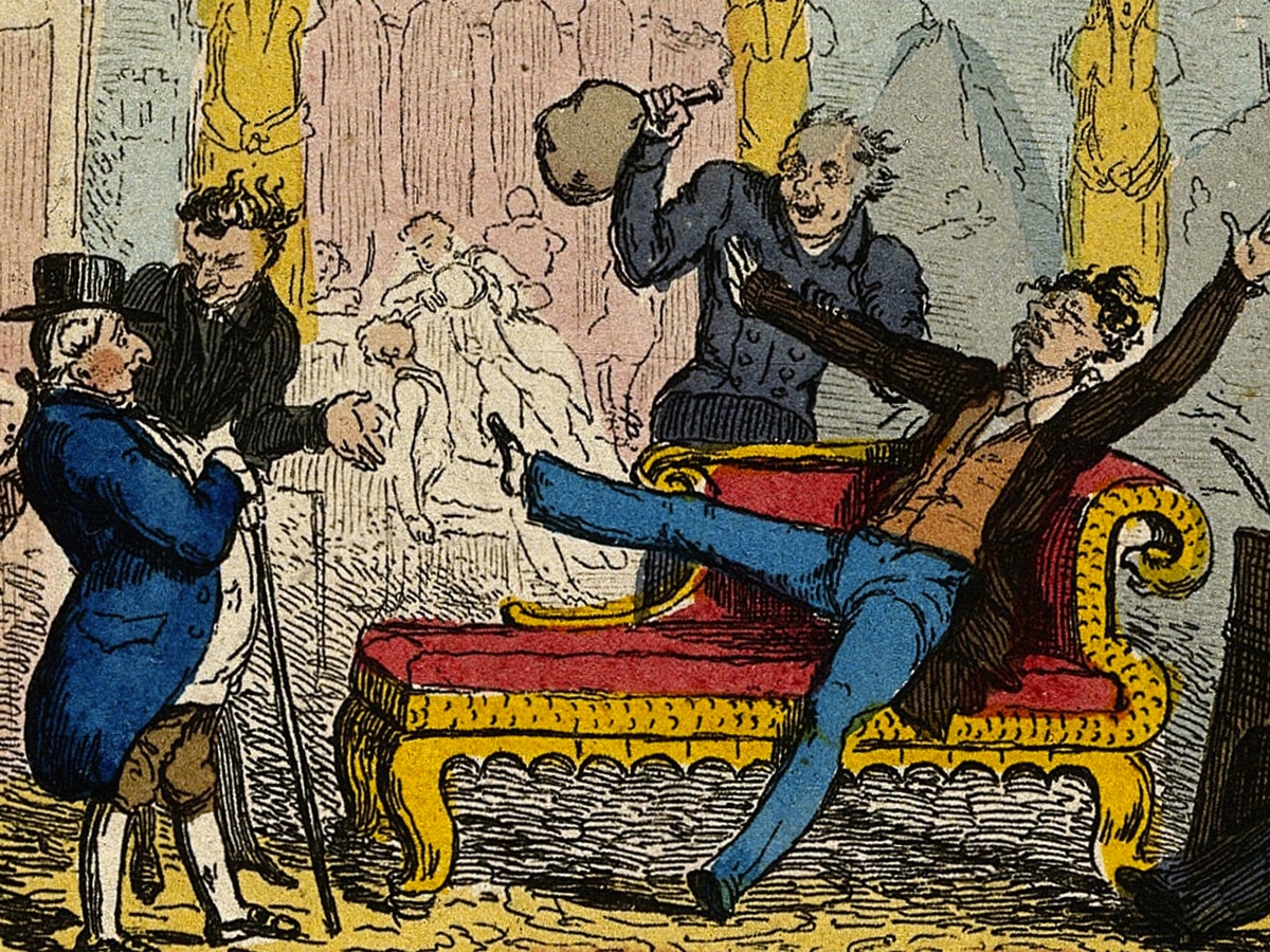 Coloured etching of gentlemen with laughing gas