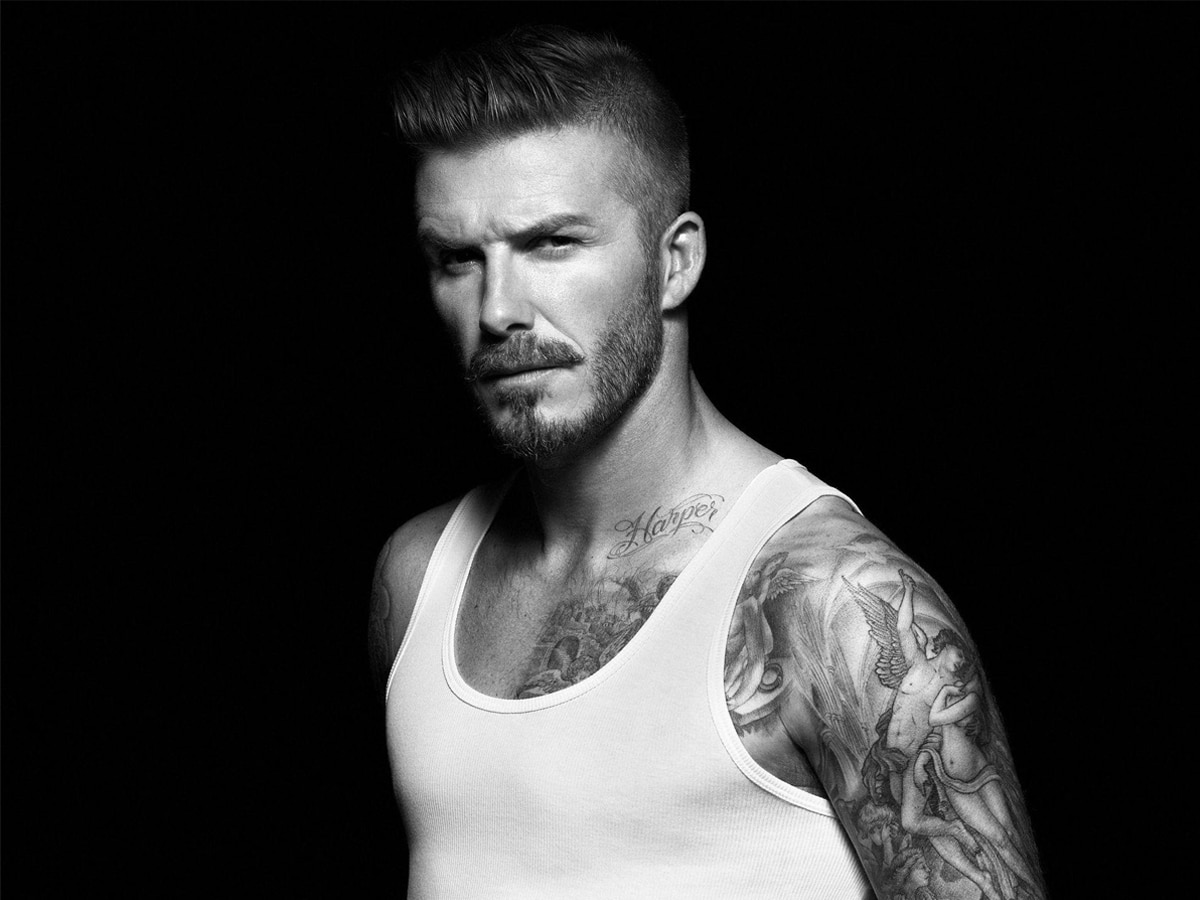 Greyscale image of David Beckham in H&M underwear