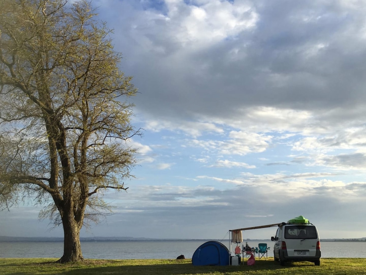 Wide shot of lake with a single big tree across a tent and a campervan