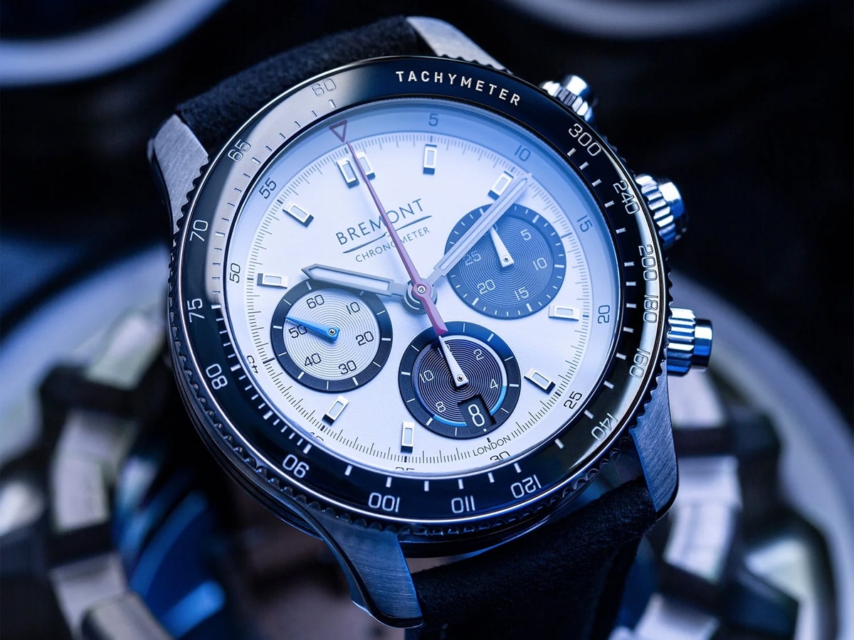 Silver Bremont watch with black strap