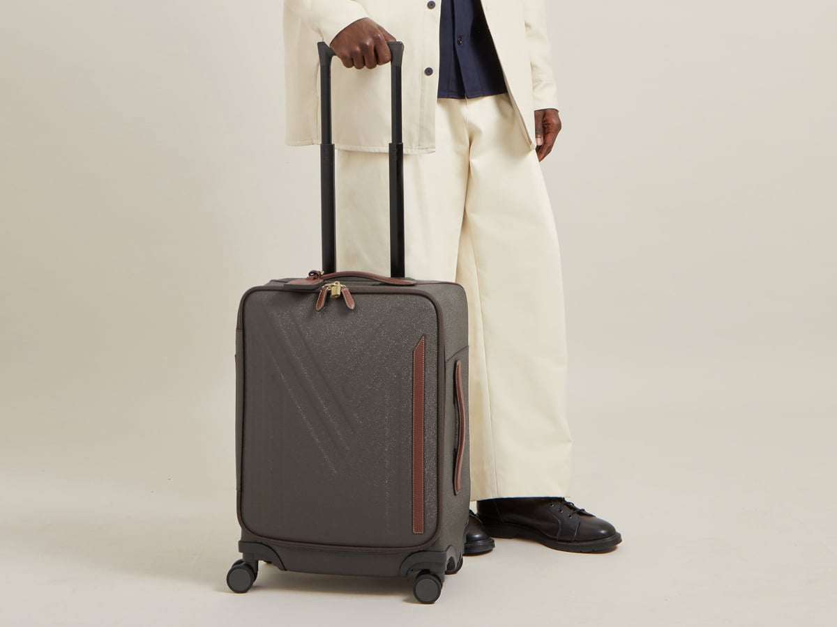Male model holding grey and brown luggage