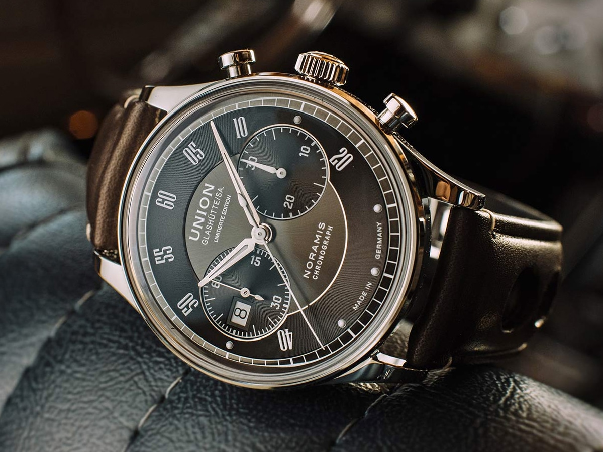 Union Glashütte watch set on black leather
