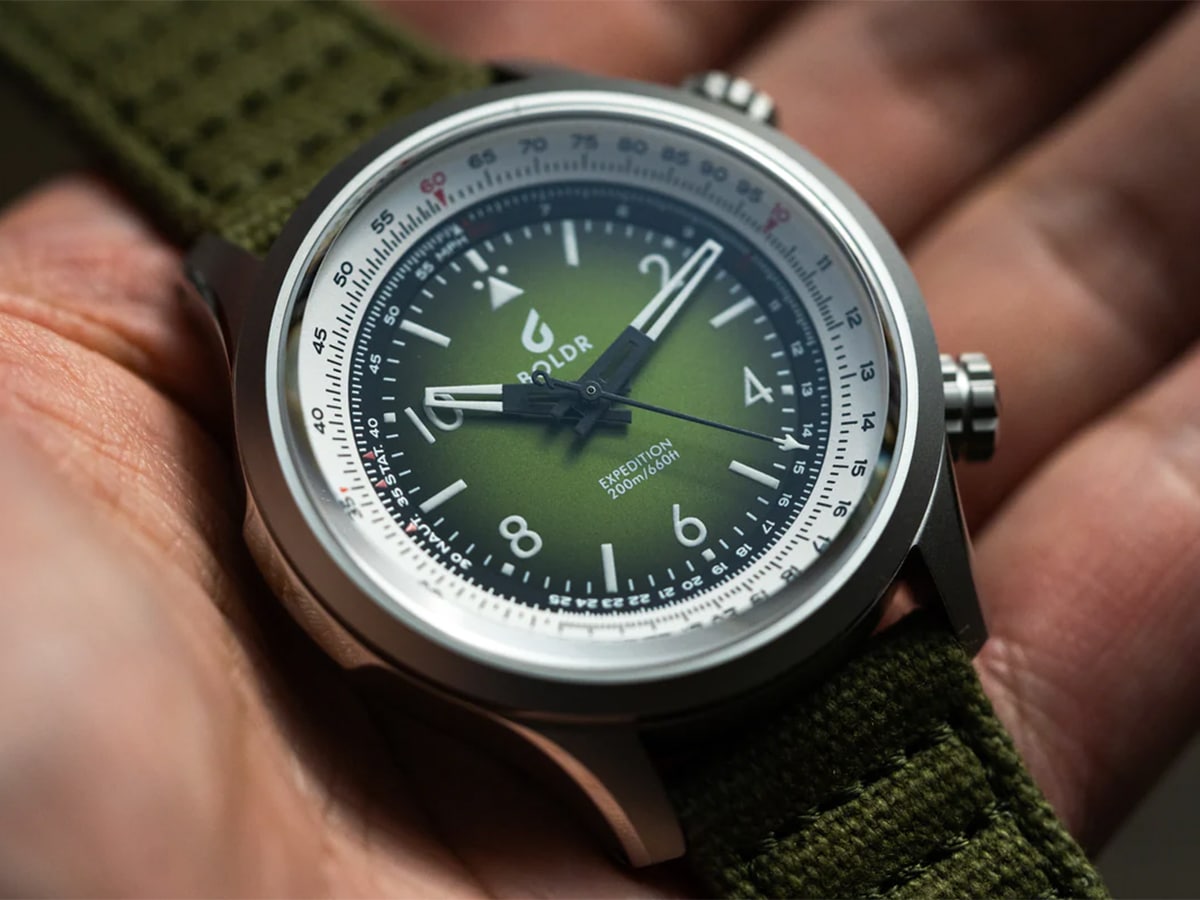 BOLDR silver watch with green strap