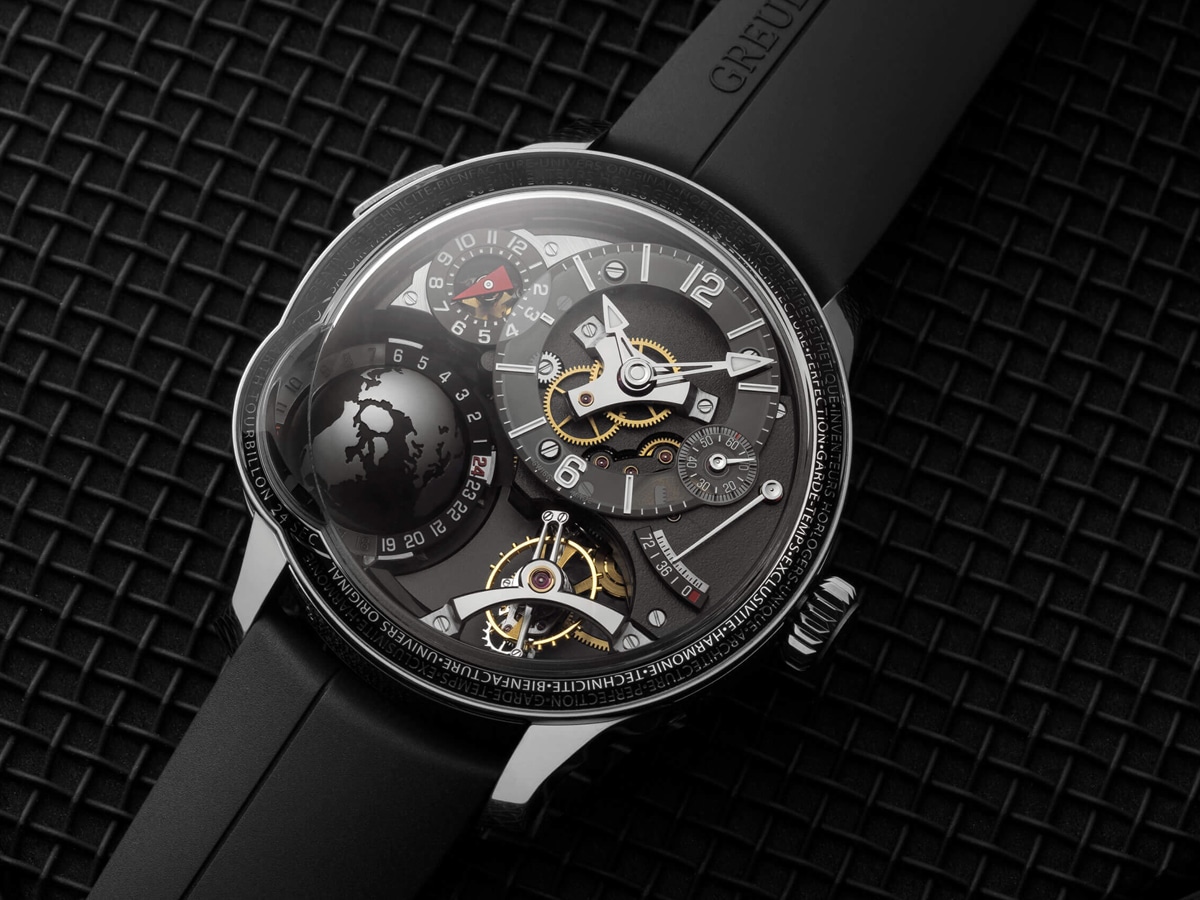 Greubel Forsey silver watch with black strap