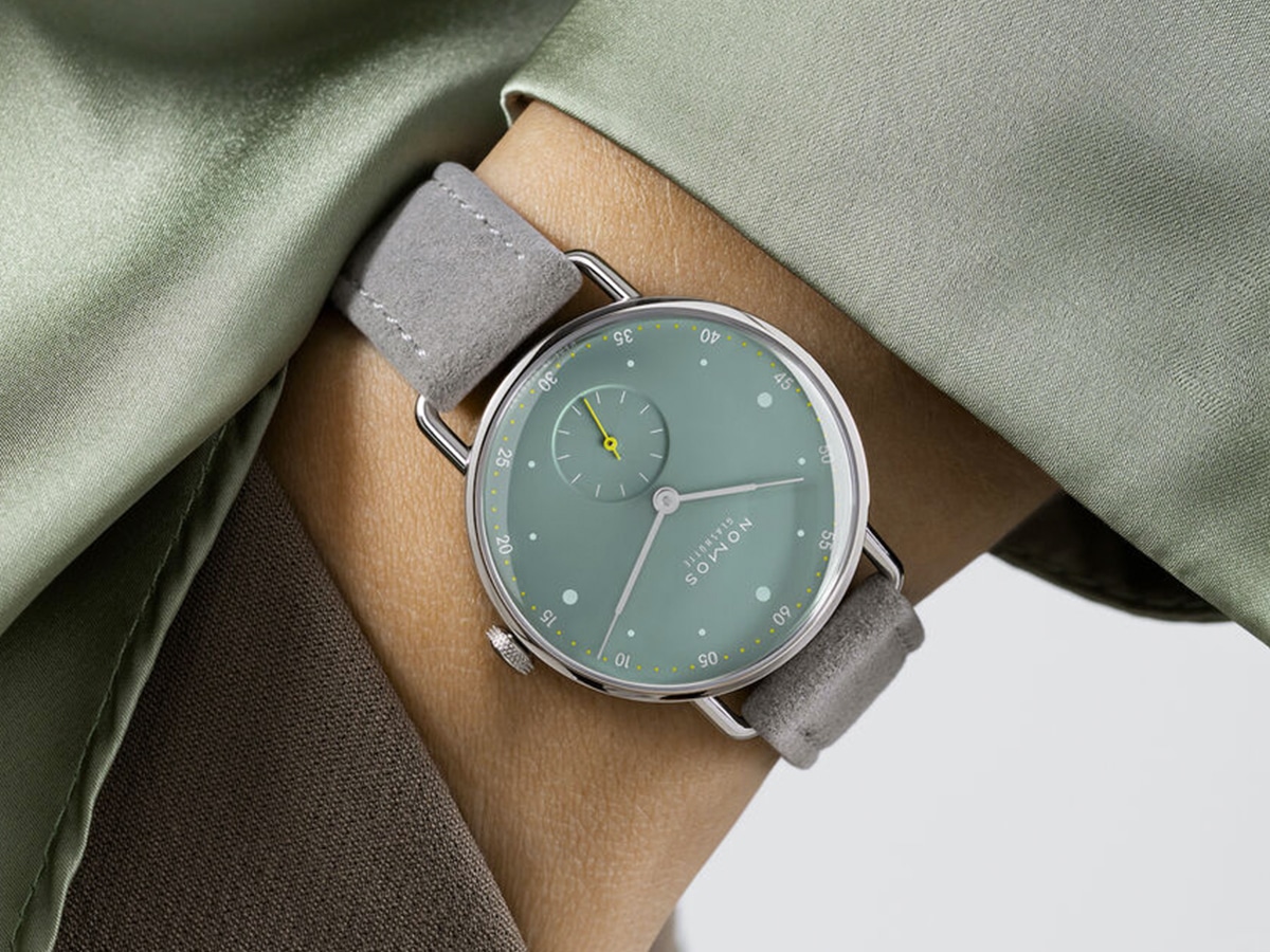 Nomos Glashütte silver watch with grey strap