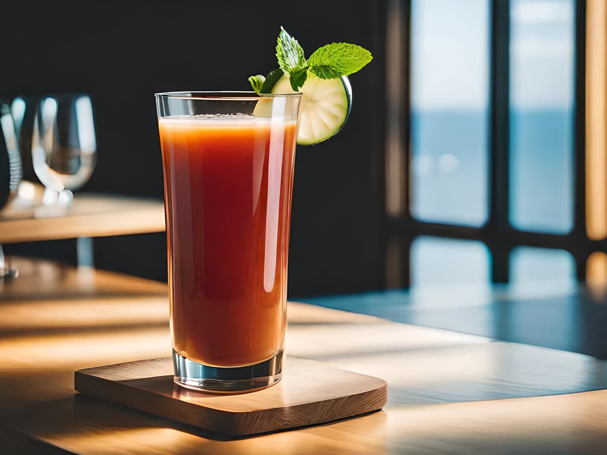 A glass of michelada with lime garnish set on a wooden table