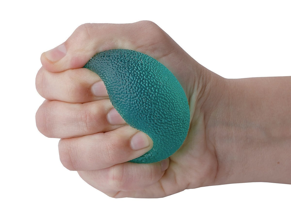 A hand squeezing a blue stress ball