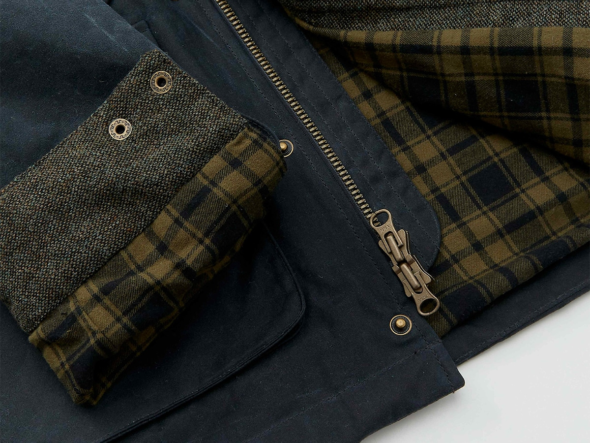Flint and tinder flannel lined waxed hudson jacket details 1
