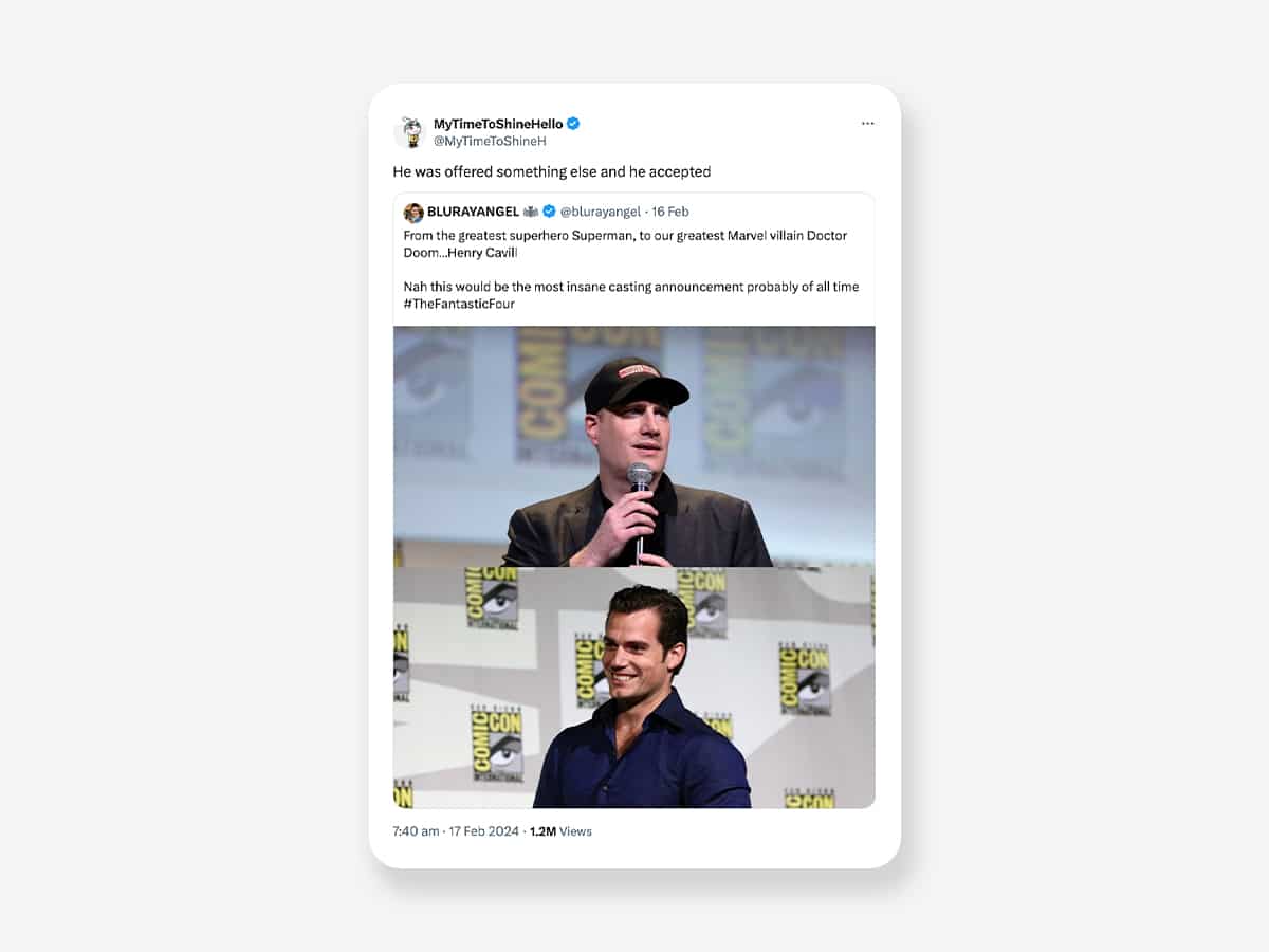 Marvel insider MyTimeToShineHello's tweet about henry Cavill potentially joining the MCU | Image: X (formerly Twitter)