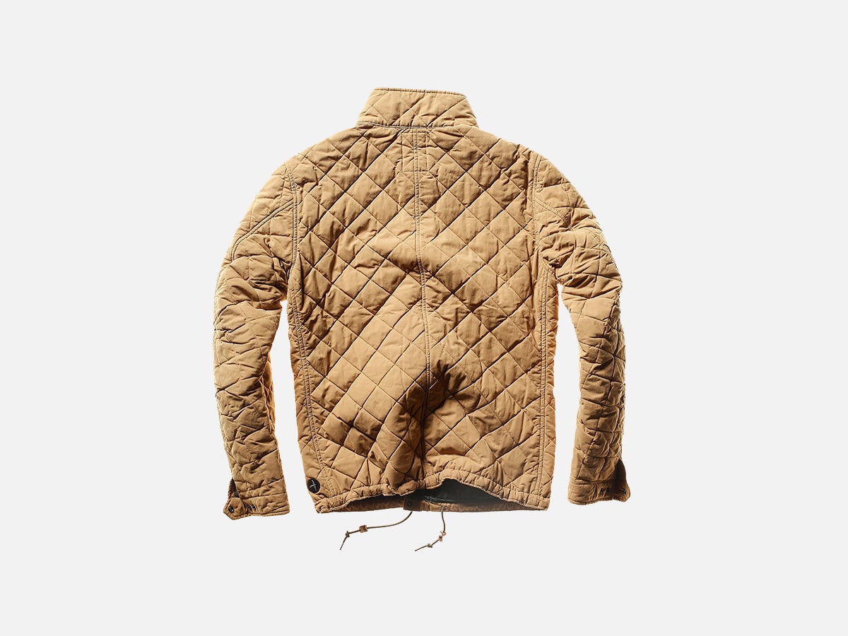 Relwen quilted insulated tanker jacket in camel flat lay 2