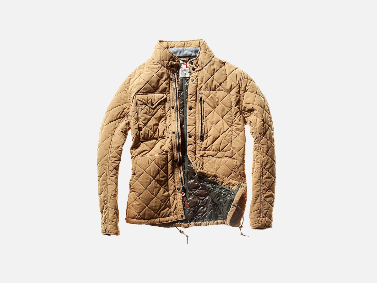 Relwen quilted insulated tanker jacket in camel flat lay