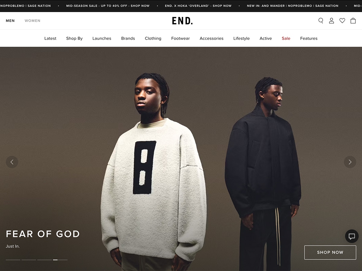 End. Clothing website homepage screenshot