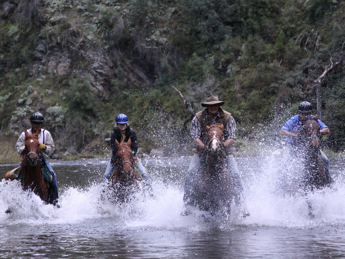 Four people horse riding through water