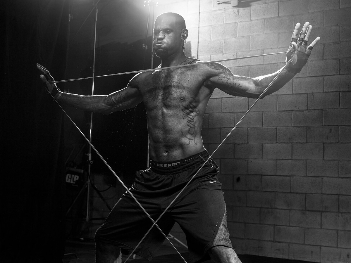 LeBron James working out with resistance bands