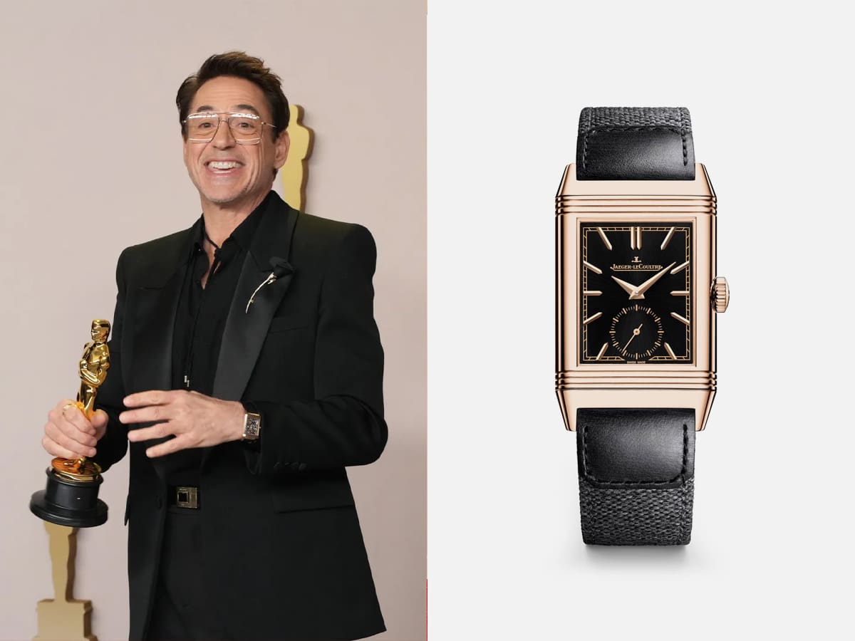 Robert Downey Jr. wearing Jaeger LeCoultre Reverso Tribute Chronograph in Pink Gold at the 2024 Academy Awards | Image: Getty/Jaeger-LeCoultre