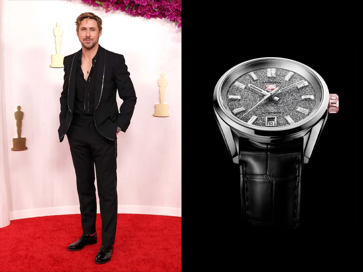 Ryan Gosling wearing a TAG Heuer Carrera Plasma Diamant d’Avant-Garde at the 2024 Academy Awards | Image: Getty/TAG Heuer