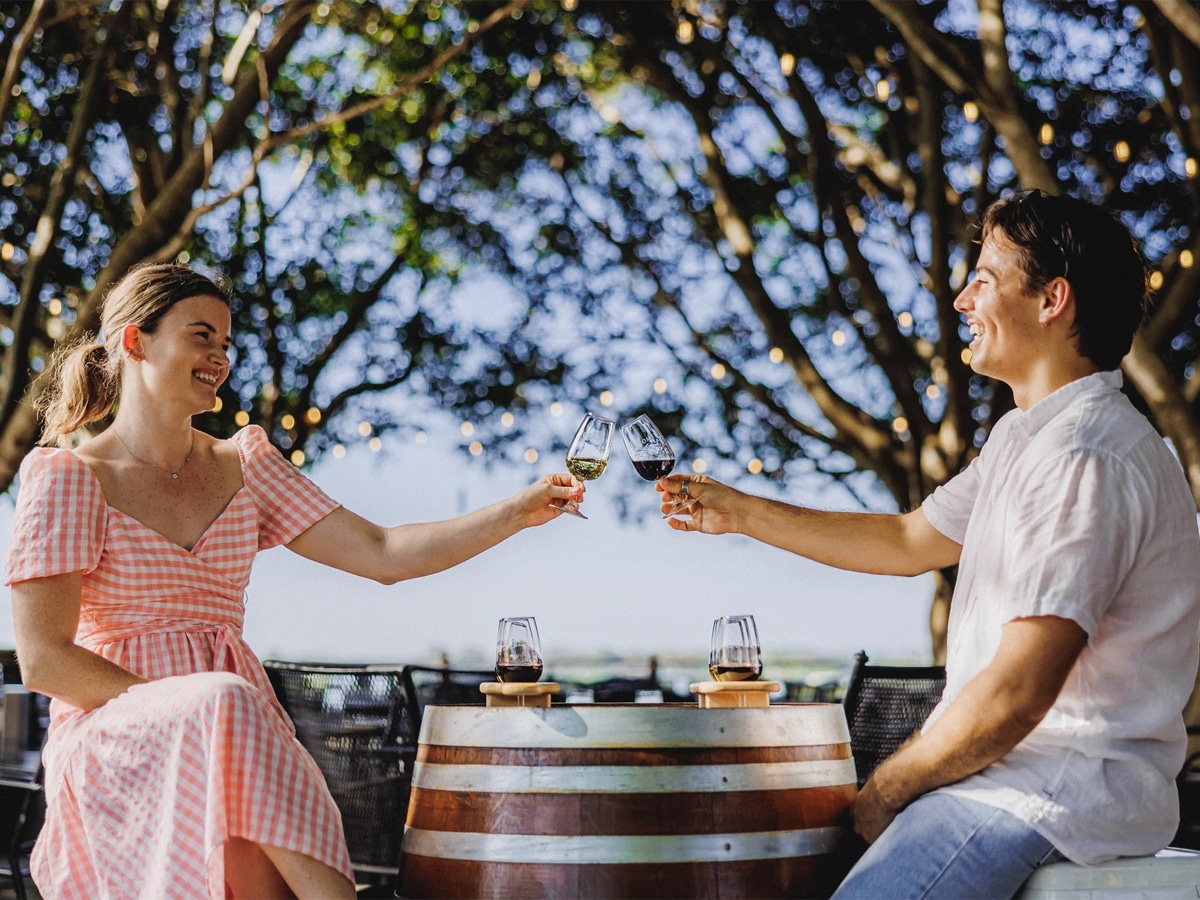 A couple raising their wine glasses in a toast at an outdoor table