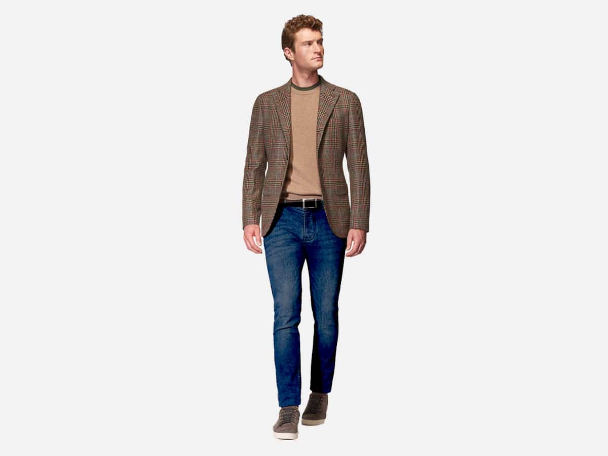 Male model in selvedge jeans with blazer