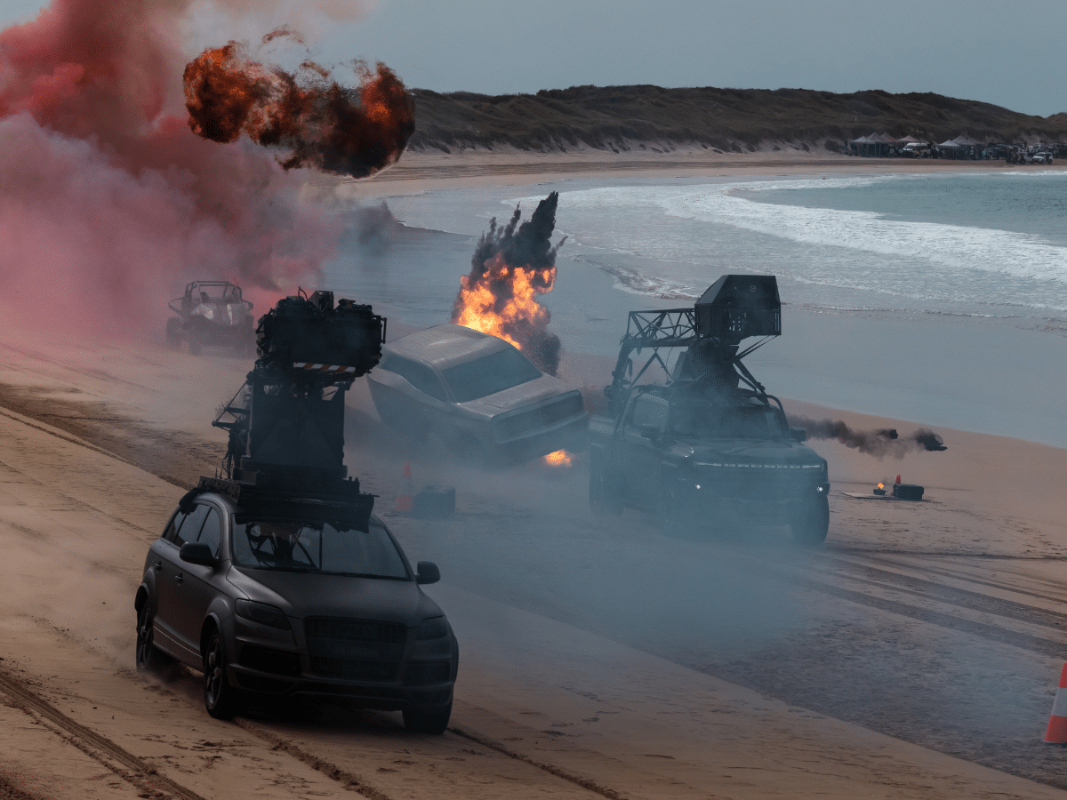 A car explosion scene on an Australian beach. 