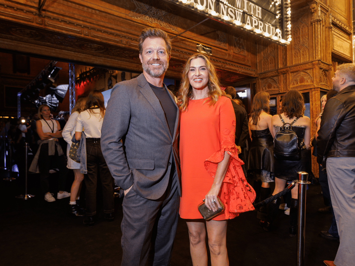 David Leitch and his producing partner Kelly McCormick posting in front of Sydney's State Theatre at the Sydney Premiere of The Fall Guy