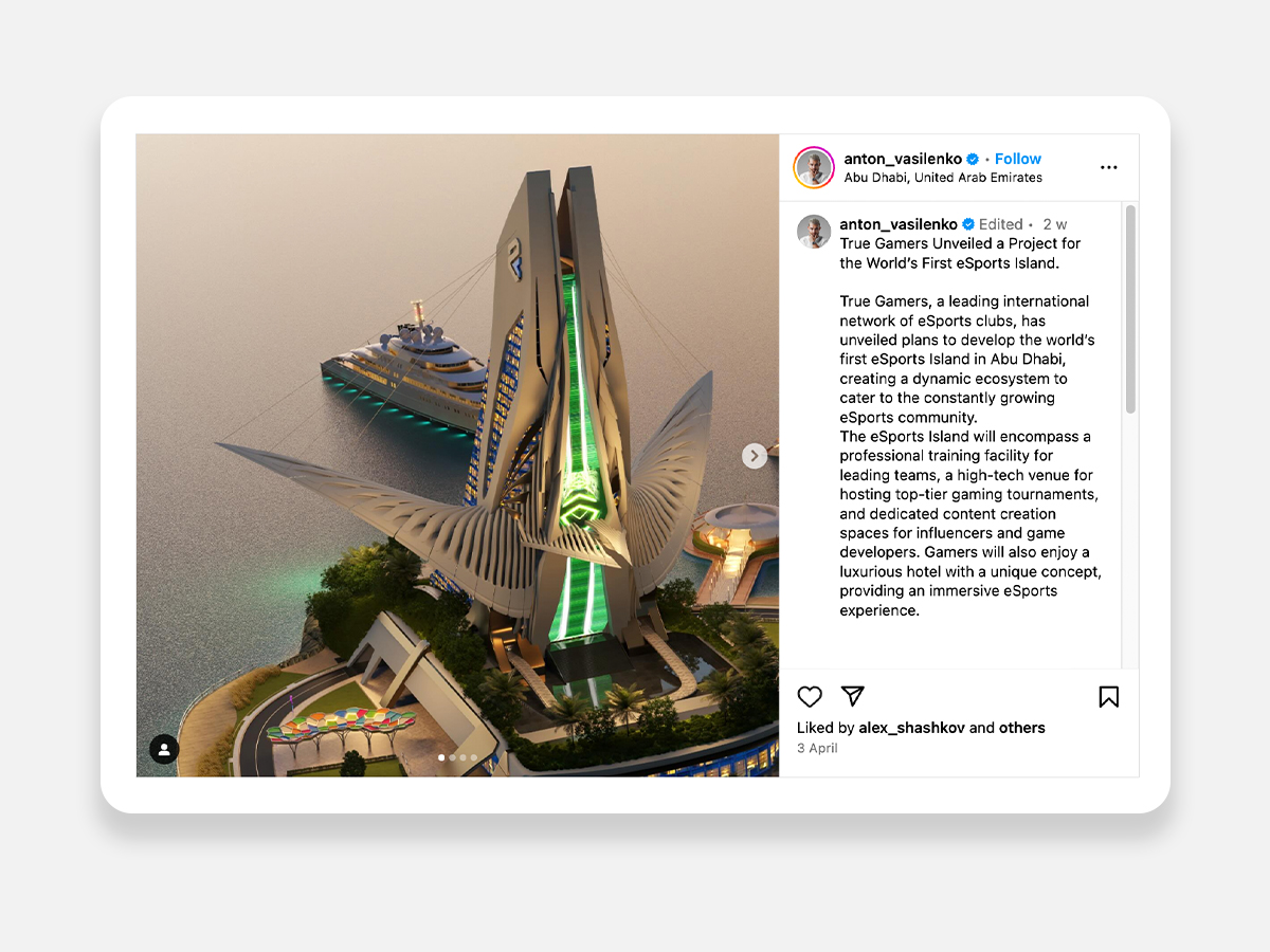 True Gamers' CEO, Anton Vasilenko confirming the project on Instagram | Image: Anton Vasilenko/Instagram