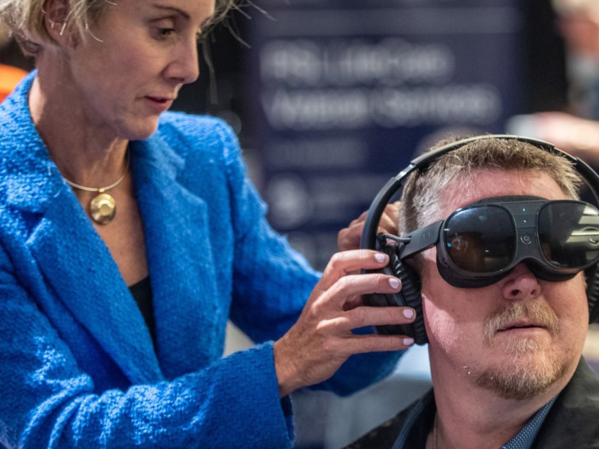 AtOne founder Edwina Griffin demonstrating the VR capabilities | Image: Supplied