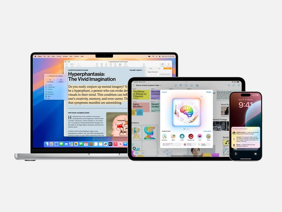 Apple Intelligence featured on a Mac, iPad, and iPhone