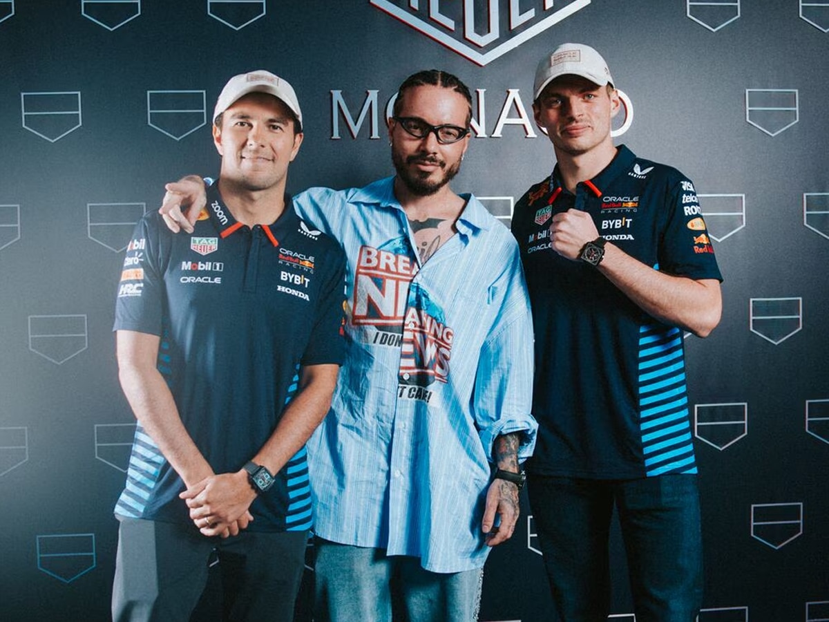 Oracle Red Bull Racing driver Sergio Peréz (L), musician J.Balvin (M)M and Max Verstappen (R) | Image: TAG Heuer