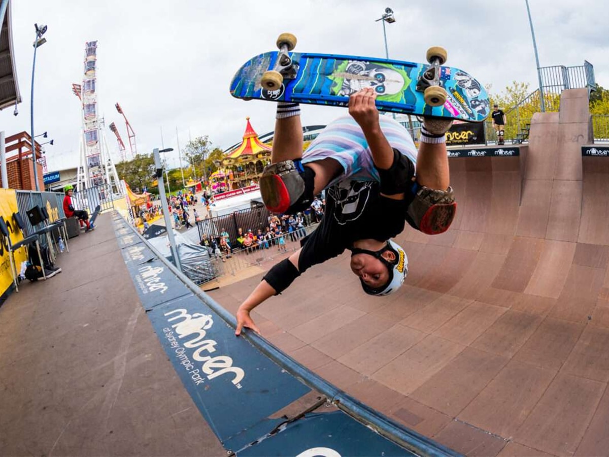 male kid skateboarding at Monster Skatepark at Sydney Olympic Park